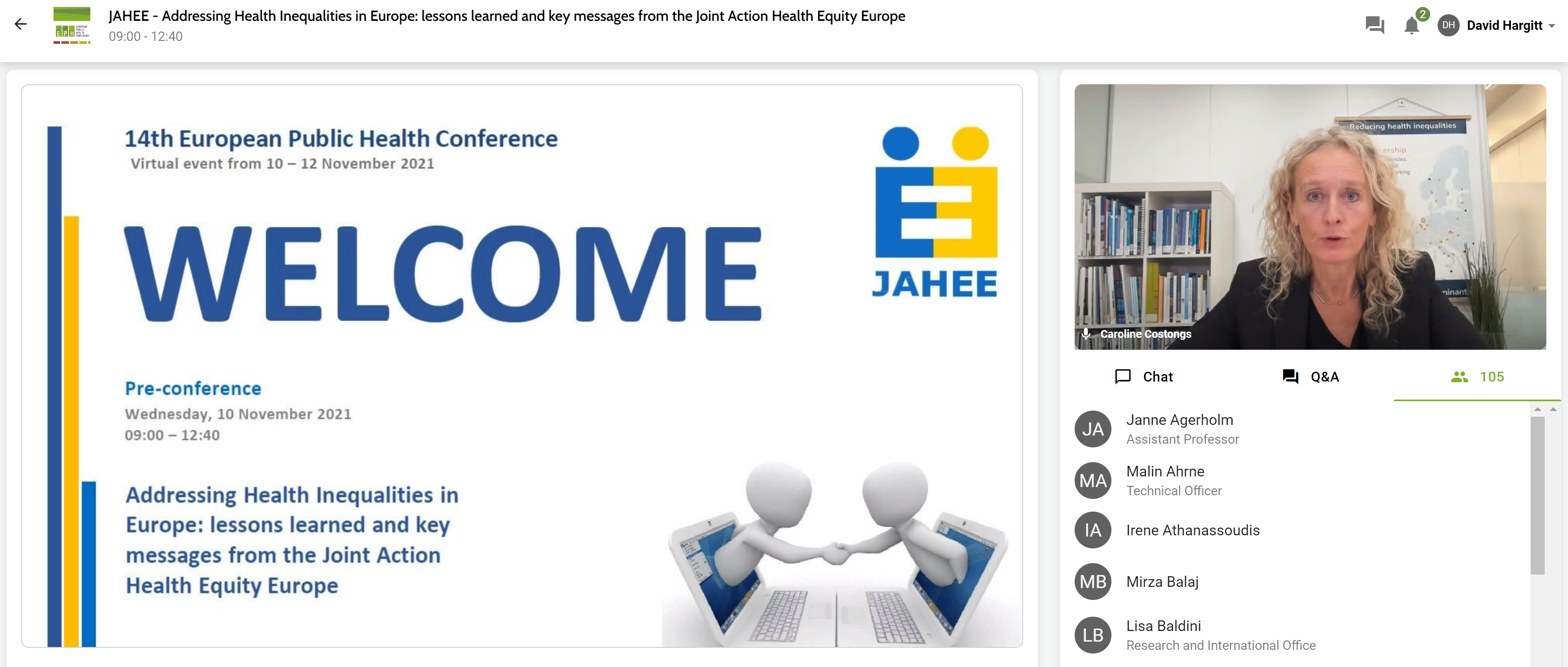 EuroHealthNet Director Caroline Costongs opens the JAHEE pre-conference on addressing health inequalities in Europe during the 2021 European Public Health Conference. (Click to enlarge)